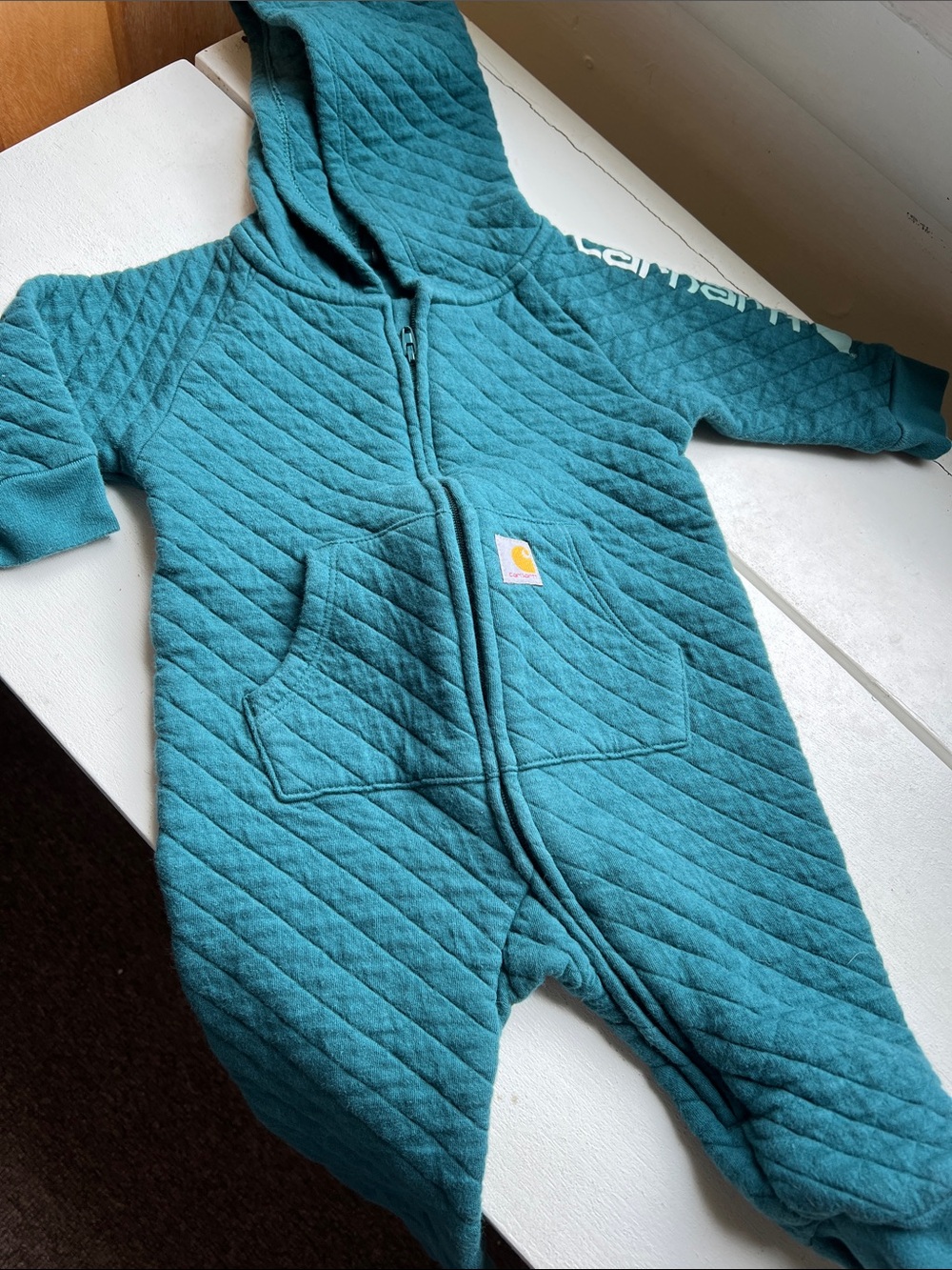 Carhartt Teal Quilted Hooded Baby One-Piece size 3 months Fall Winter
